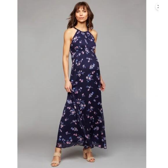 A PEA IN THE POD | Navy Blue Floral Chiffon Halter Maxi Dress | Size Small - Picture 1 of 7